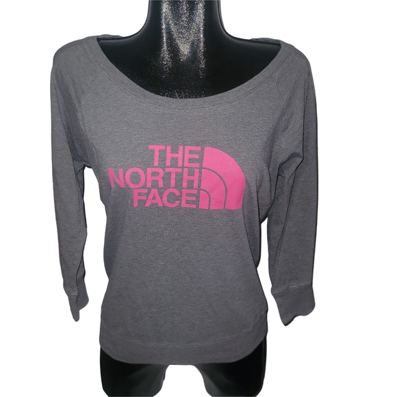 The North Face Tops - The North Face Gray Sweatshirt with Pink Logo Front and Cropped Sleeves Size M